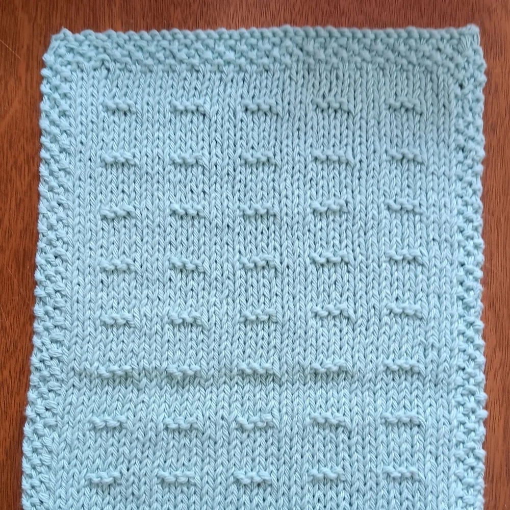 Hand Crafted Hand Knit Aqua Blue Textured Dash Stripe Cotton Hand Towel